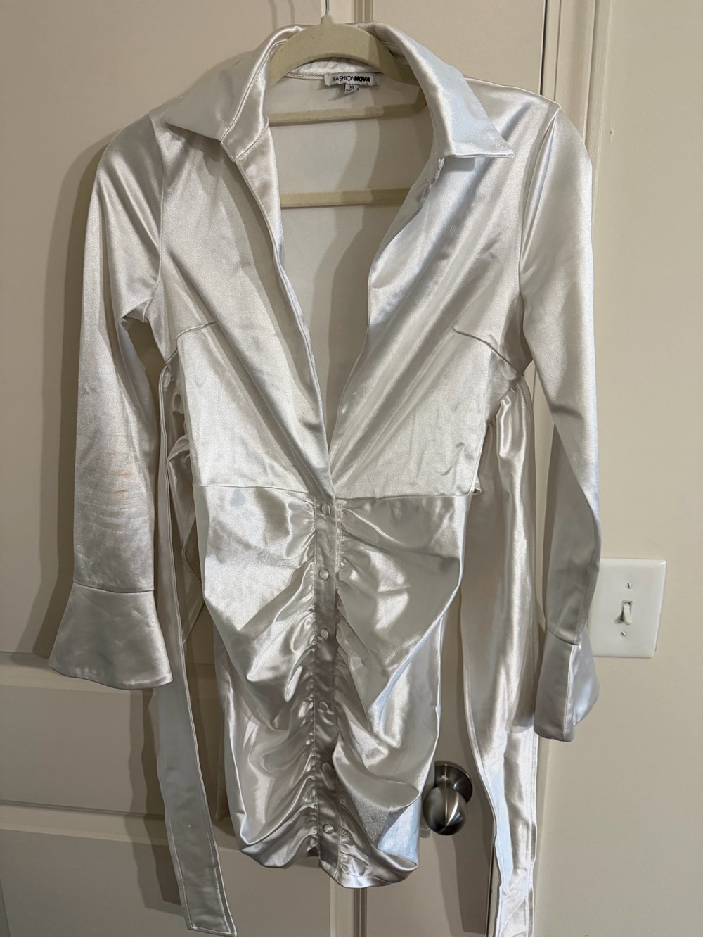 Fashion Nova Satin Shirt Dress in Silver - Picture 1 of 3